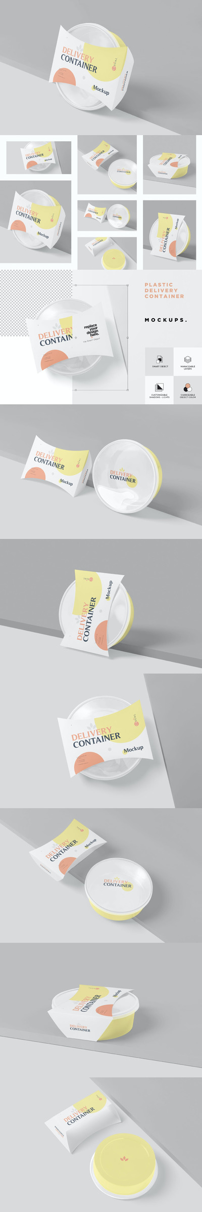 高品质的圆形外卖食品包装设计VI样机展示模型mockups