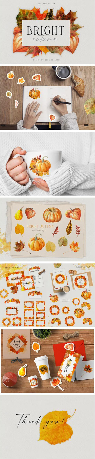 秋叶感恩节水彩剪贴画素材