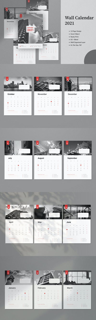 高端时尚2021年新年台历日历挂历设计模板-AI，EPS，PDF，PSD