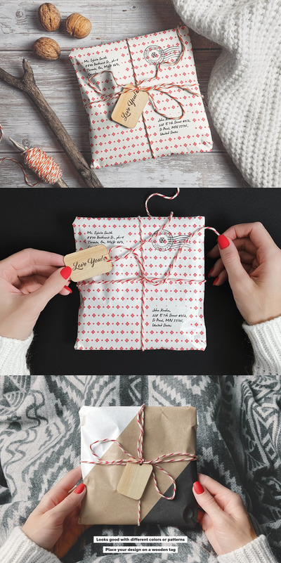 用纸包裹的包裹带有木制标签模型样机（PSD）