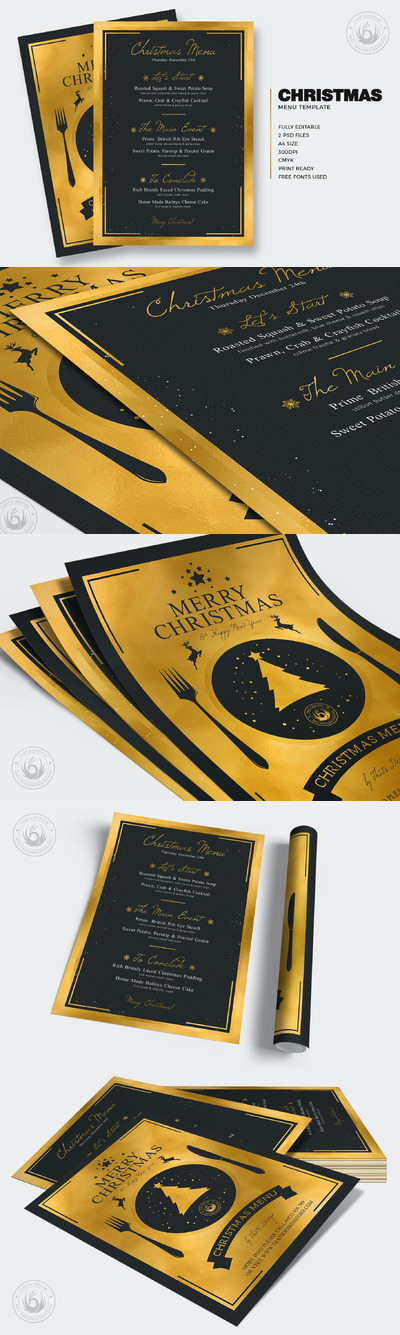 高端高品质感的圣诞节餐厅菜单设计模板（PSD）