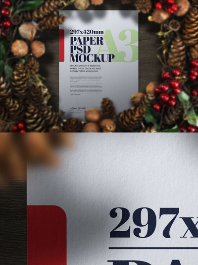 圣诞A3传单海报圣诞花环模型样机（PSD）