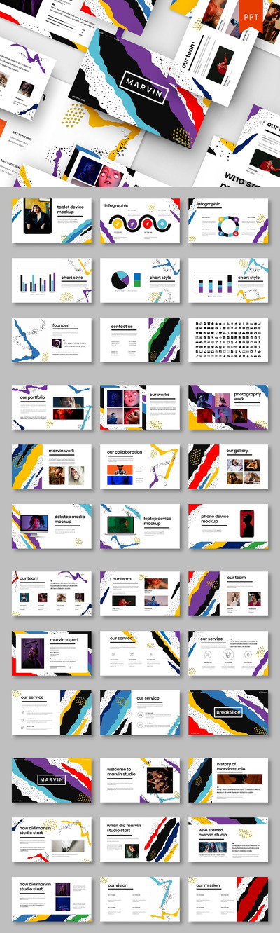 绚丽时尚孟菲斯风格的创意powerpoint幻灯片演示模板（pptx）