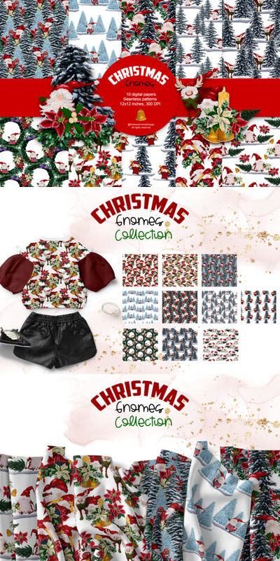 水彩圣诞节侏儒地精无缝图案素材