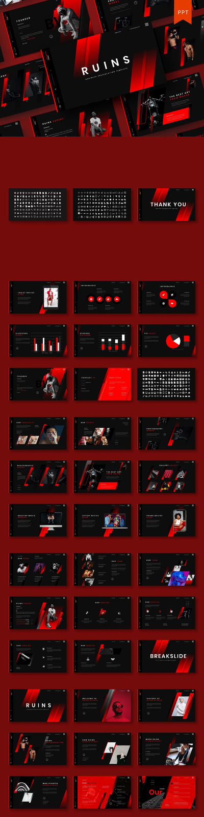 时尚高端个性黑红配色的powerpoint幻灯片演示模板（pptx）