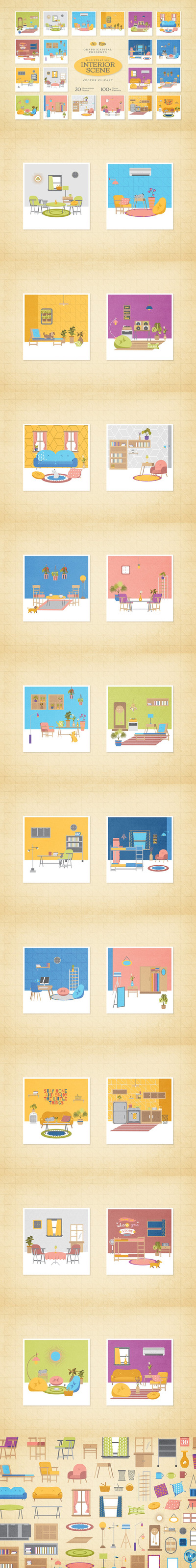 时尚简约清新房地产家具室内场景矢量插画集合-AI，EPS