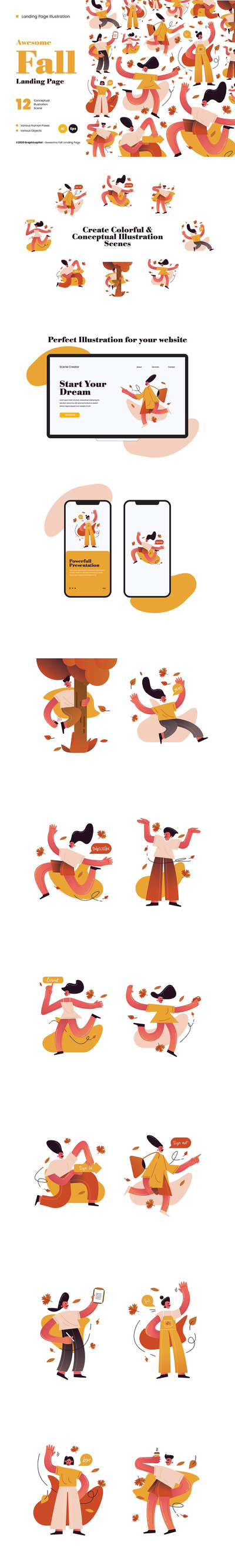 时尚高端个性风格的秋天人物矢量UI插画大集合-AI，EPS