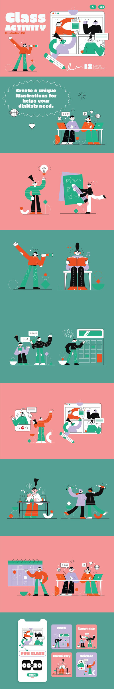 个性时尚清新课堂活动矢量UI插画集合-AI，EPS