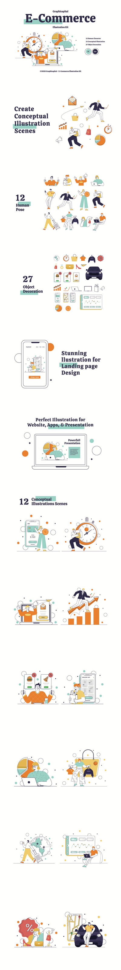 时尚高端简约清新扁平化风格电子商务UI矢量插画banner海报集合-AI，EPS