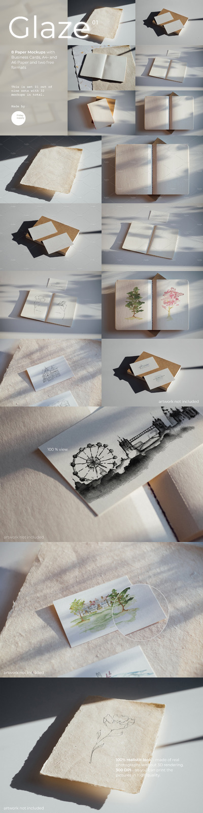 高质量逼真的羊皮釉面纸样机套装