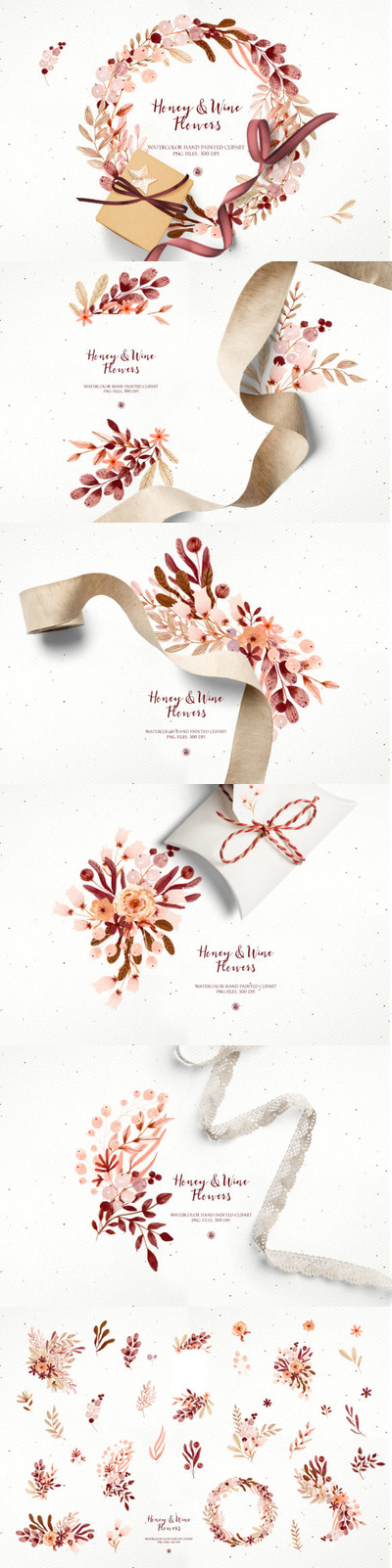 酒红色手绘花卉水彩插画素材