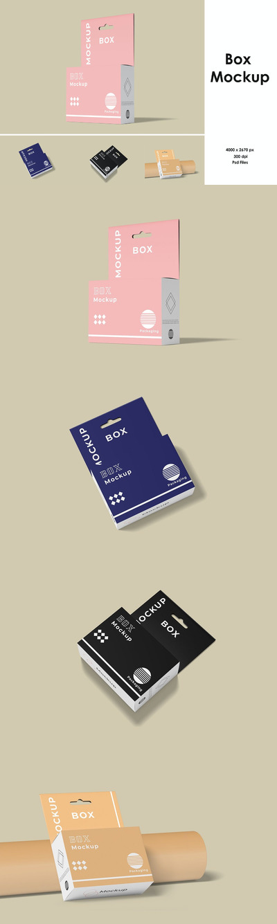 高品质的盒子包装设计VI样机展示模型mockups