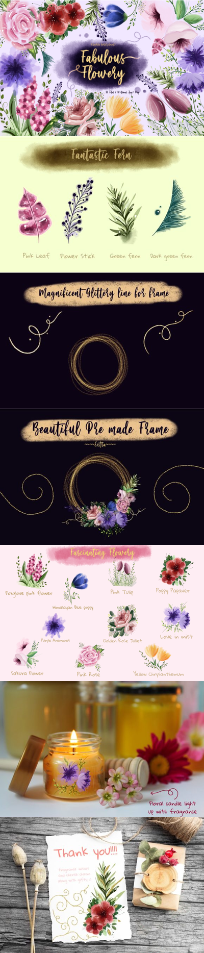 神话般的多彩绚丽花卉插画素材