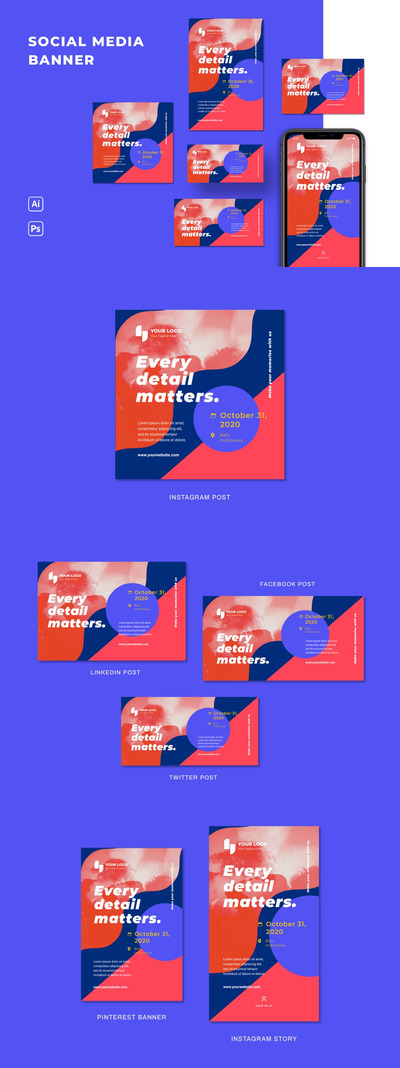 时尚高端艺术风格的多用途社交媒体banner海报设计模板集合-AI，PSD