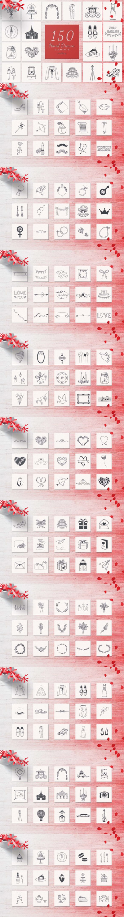 150个手绘婚礼元素插画素材