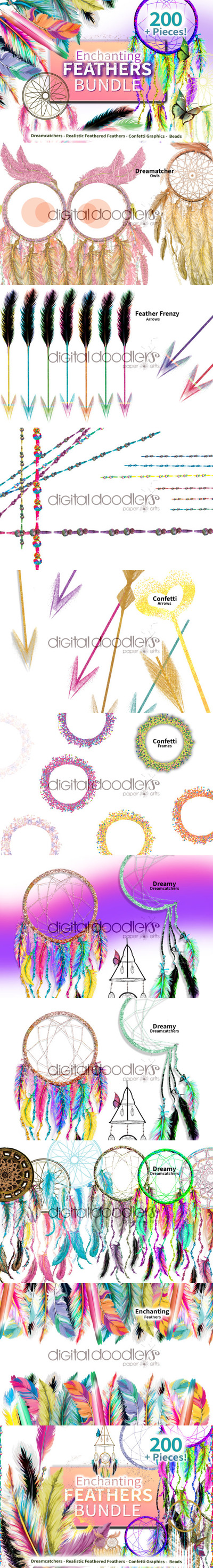 梦幻多彩迷人的羽毛图形插画素材包