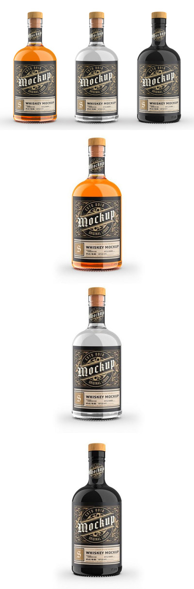高品质的威士忌酒瓶包装设计VI样机展示模型mockups