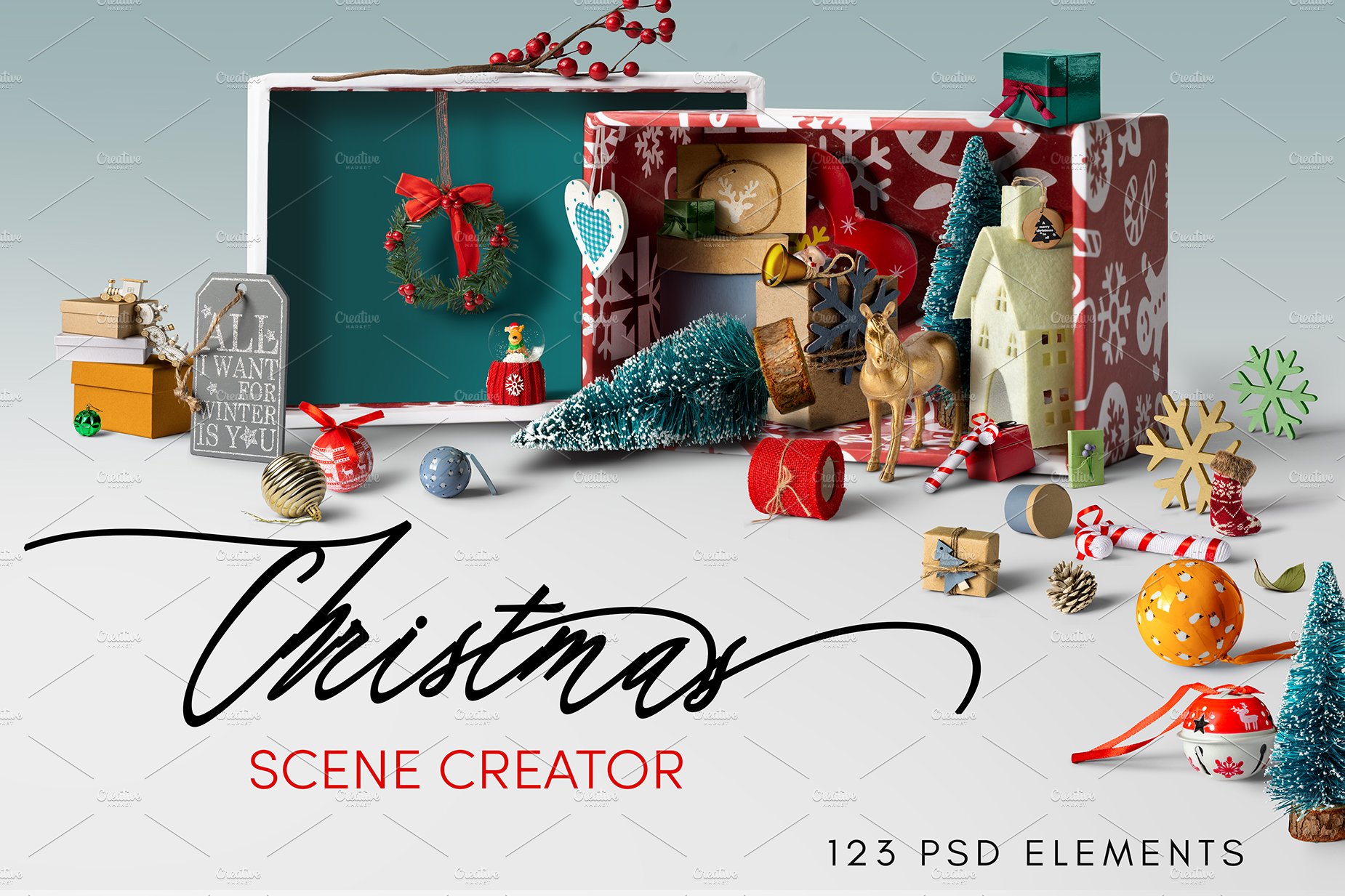 圣诞装饰元素场景样机生成器[3.06GB,PSB]