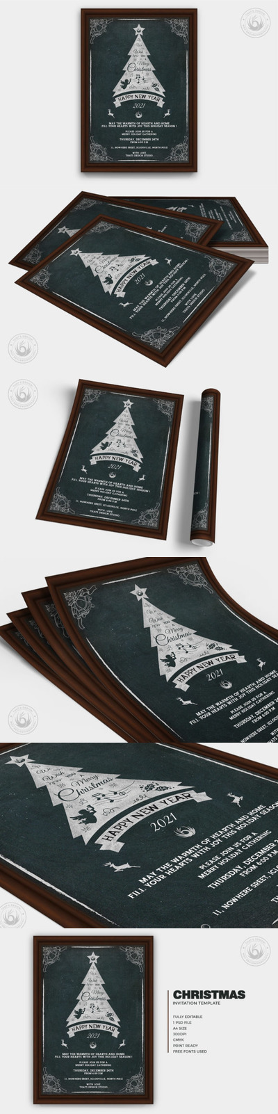 复古黑板风格圣诞派对邀请海报设计模板v5