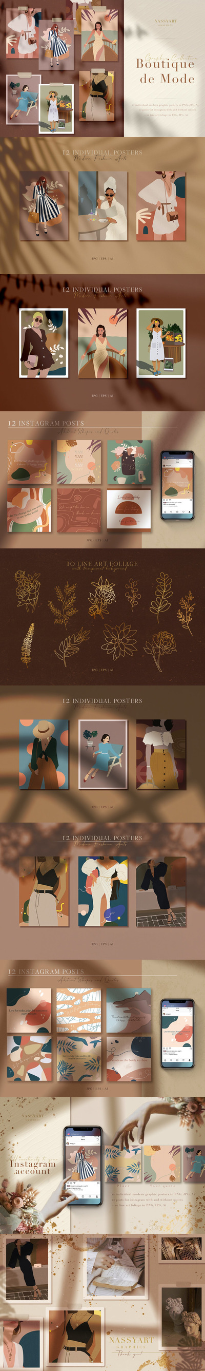 时尚高端简约优雅抽象女人肖像海报设计矢量插画集合-AI，JPG，PNG，EPS