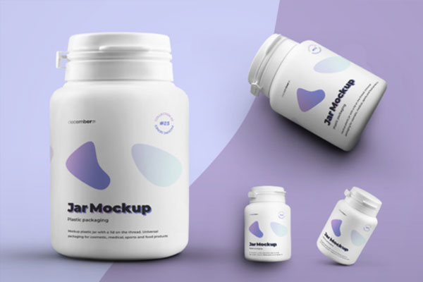 4个药丸塑料罐包装设计样机模板