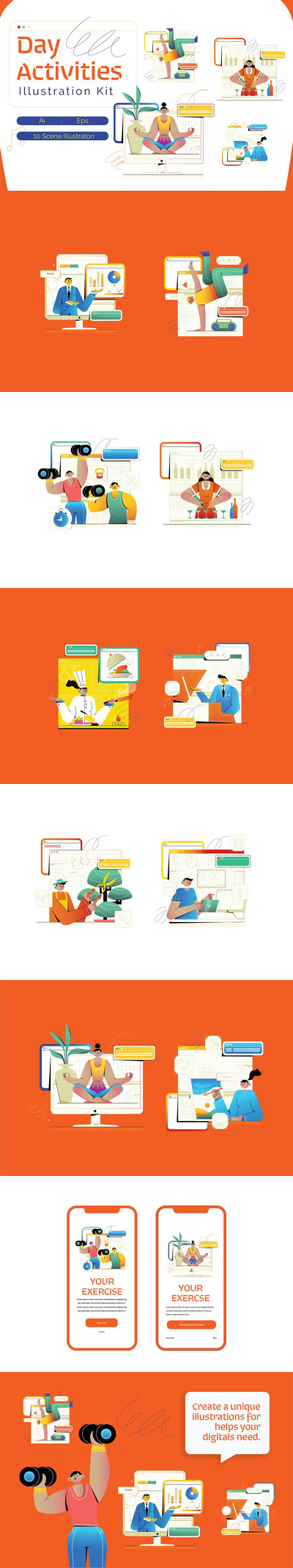 高品质的时尚高端简约抽象居家活动矢量插画集合-AI，EPS