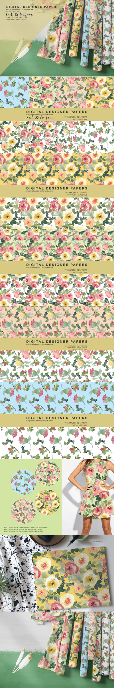 红色&柠檬黄水彩花卉插画/无缝图案素材