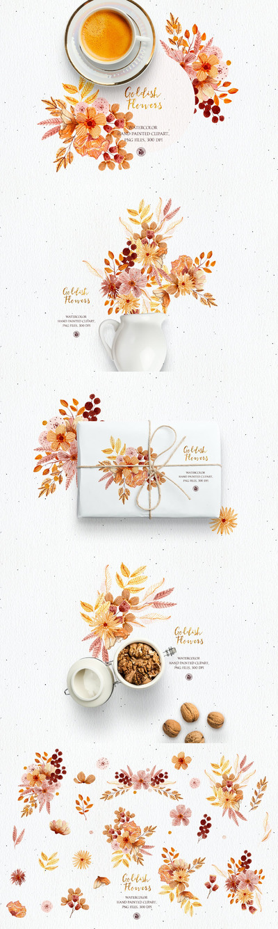 时尚优雅高端金色花朵花卉植物插画背景纹理集合