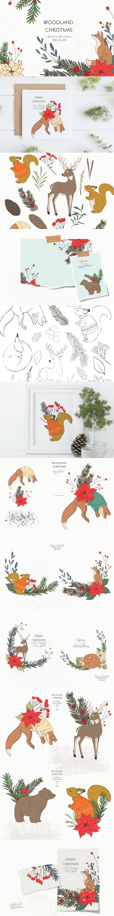 新年圣诞节动物植物矢量插画元素大集合-AI，PNG，EPS