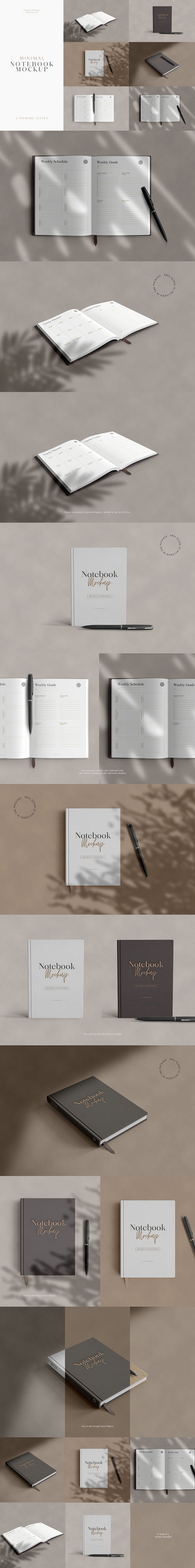 逼真质感的笔记本文具设计VI样机展示模型mockups