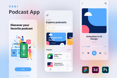 清新简约时尚播客APP UI KITS-FIG,XD,PSD
