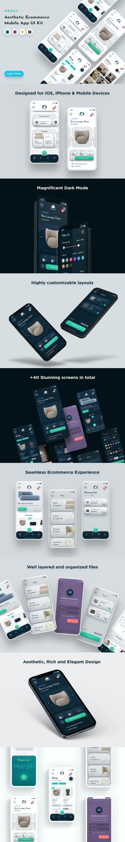 时尚高端简约清新电子商务手机APP UI KITS-FIG, PSD, XD, SKETCH