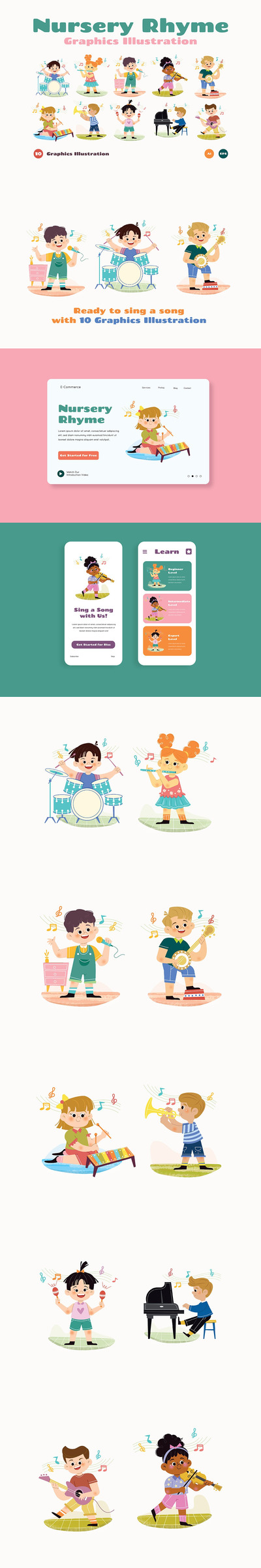 时尚高端清新简约可爱儿童矢量插画集合-AI，EPS