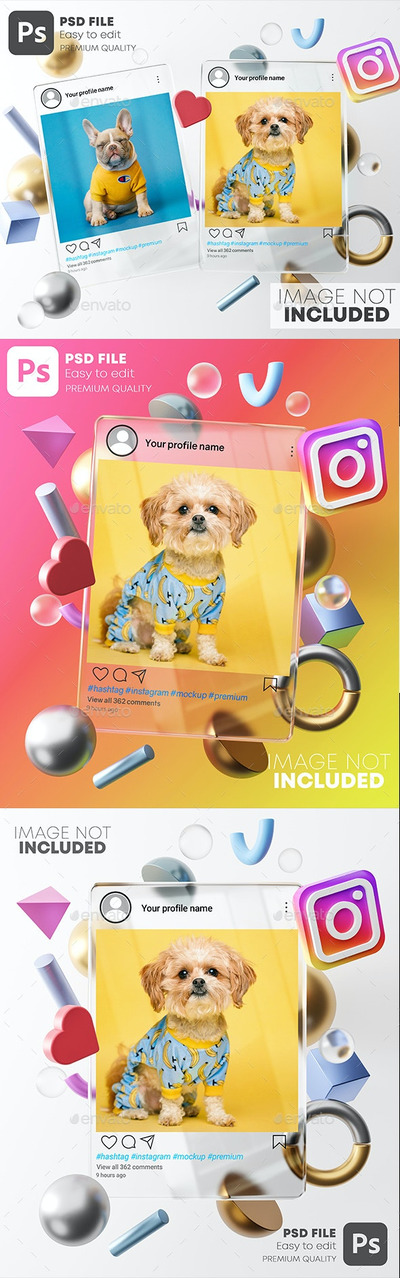 透明玻璃质感的 Instagram 文章UI展示样机下载（PSD）