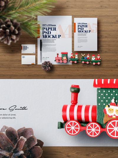 圣诞文具A4传单木制火车模型样机（PSD）