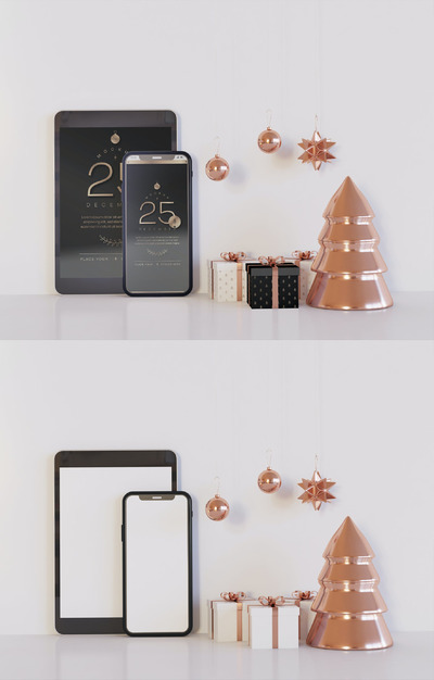 带有圣诞节装饰的平板电脑和智能手机模型样机（PSD）