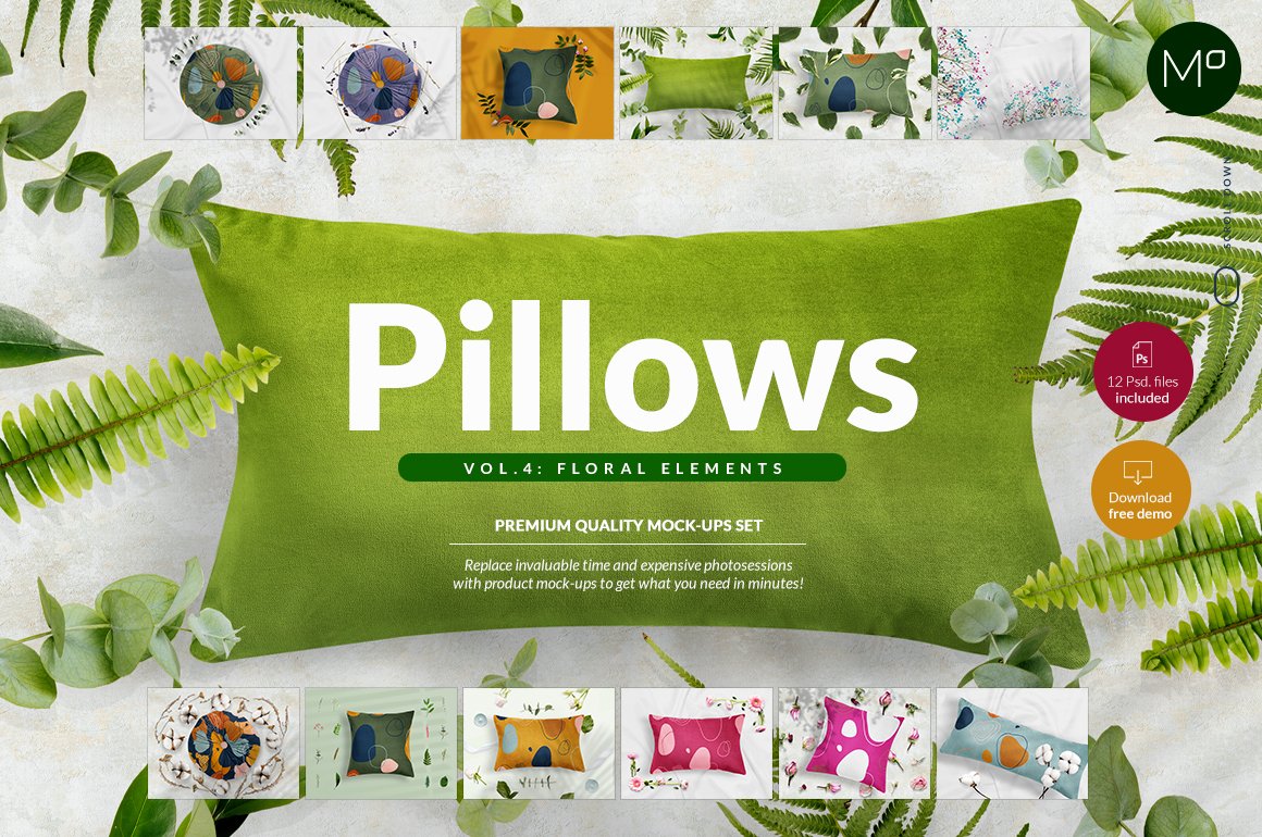 叶子花卉元素枕头图案设计样机套件[2.71GB,PSD]