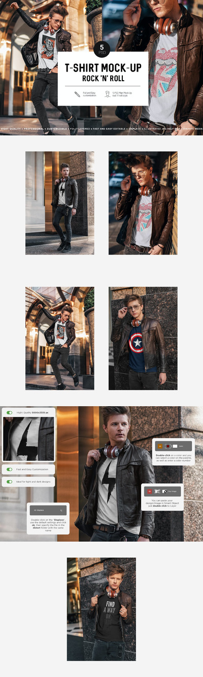 时尚高端逼真质感的皮夹克T恤服装设计VI样机展示模型mockups