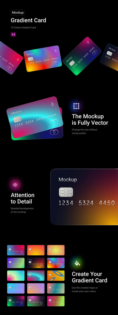 高品质的高端渐变色彩银行卡会员卡VIP卡芯片卡信用卡名片VI设计样机展示模型mockups