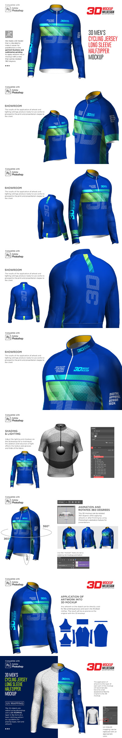 3D男子半拉链长袖自行车运动衫服装样机