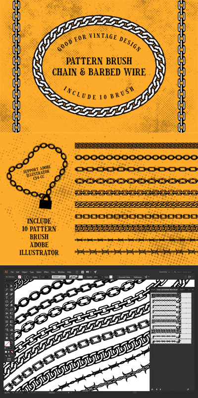 链状和带刺铁丝图案AI画笔插图（AI,EPS）