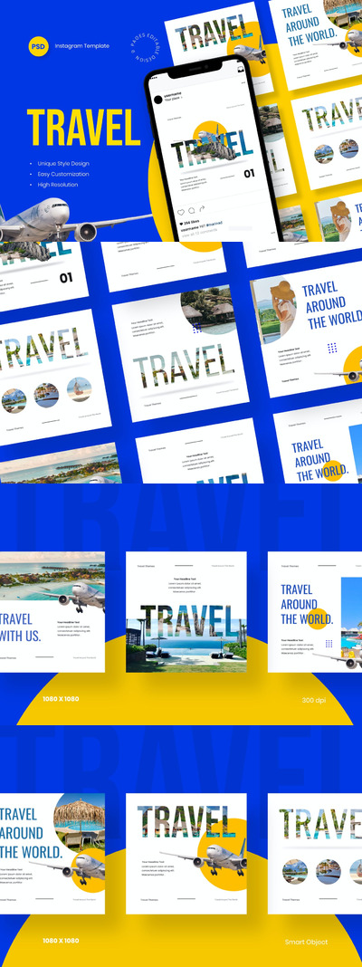 时尚高端专业的旅行Instagram社交媒体banner海报设计模板-PSD