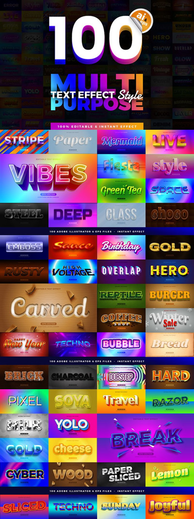 100款不同风格的Illustrator文本效果样式