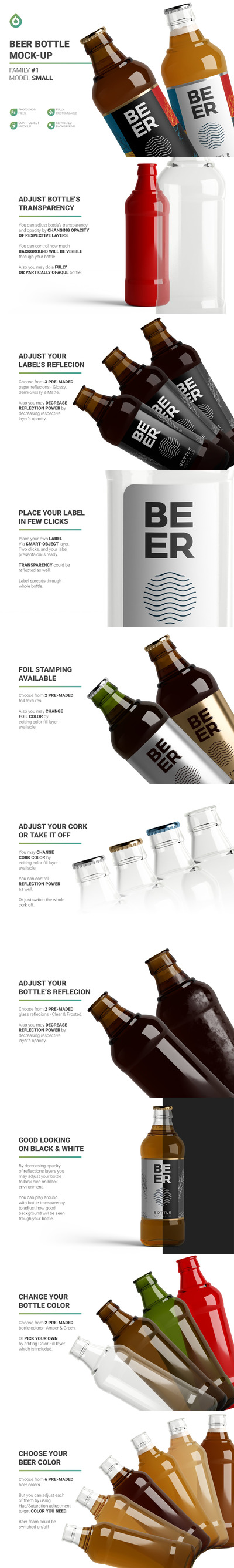 高分辨率啤酒玻璃瓶品牌包装样机模板