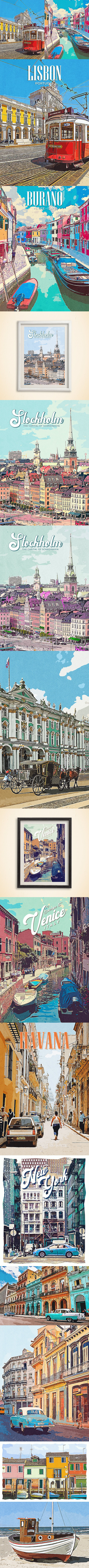 高端时尚复古旅行油画新海诚漫画风格photoshop动作预设