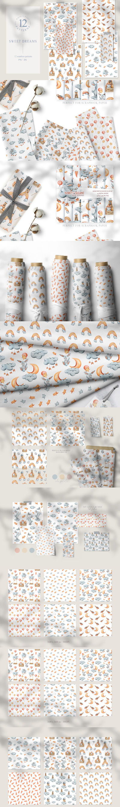 12个水彩兔子无缝图案背景素材