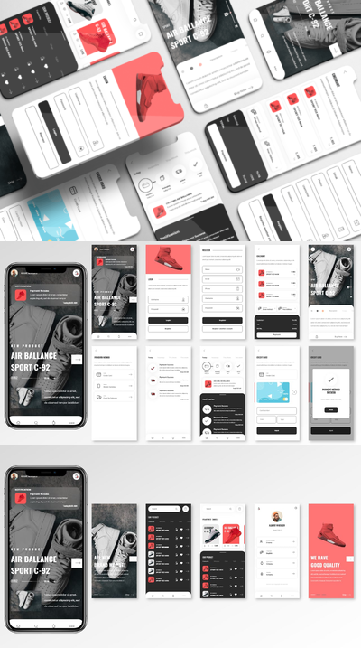 高品质的鞋店电子商务APP UI KITS-FIG, SKETCH, XD, SVG