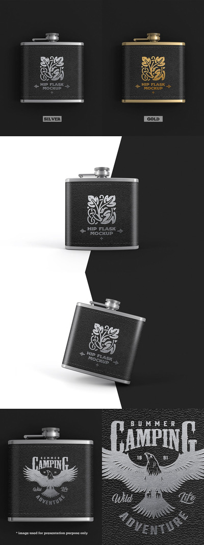 带皮套的金属复古酒瓶设计样机（PSD）