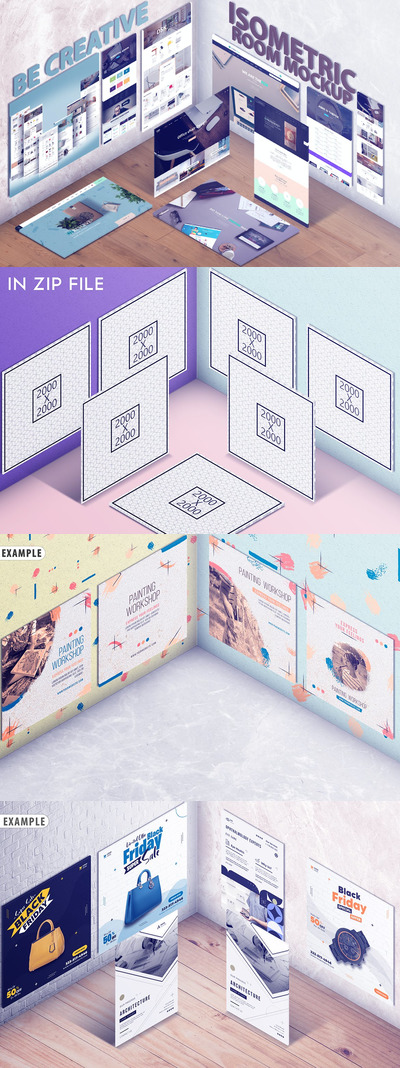 2.5D等轴等距3D立体房间屏幕UI样机展示模型mockups