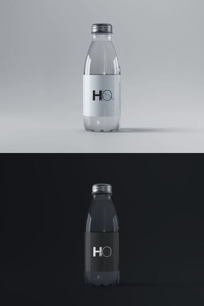 高品质的玻璃质感水瓶包装设计VI样机展示模型mockups
